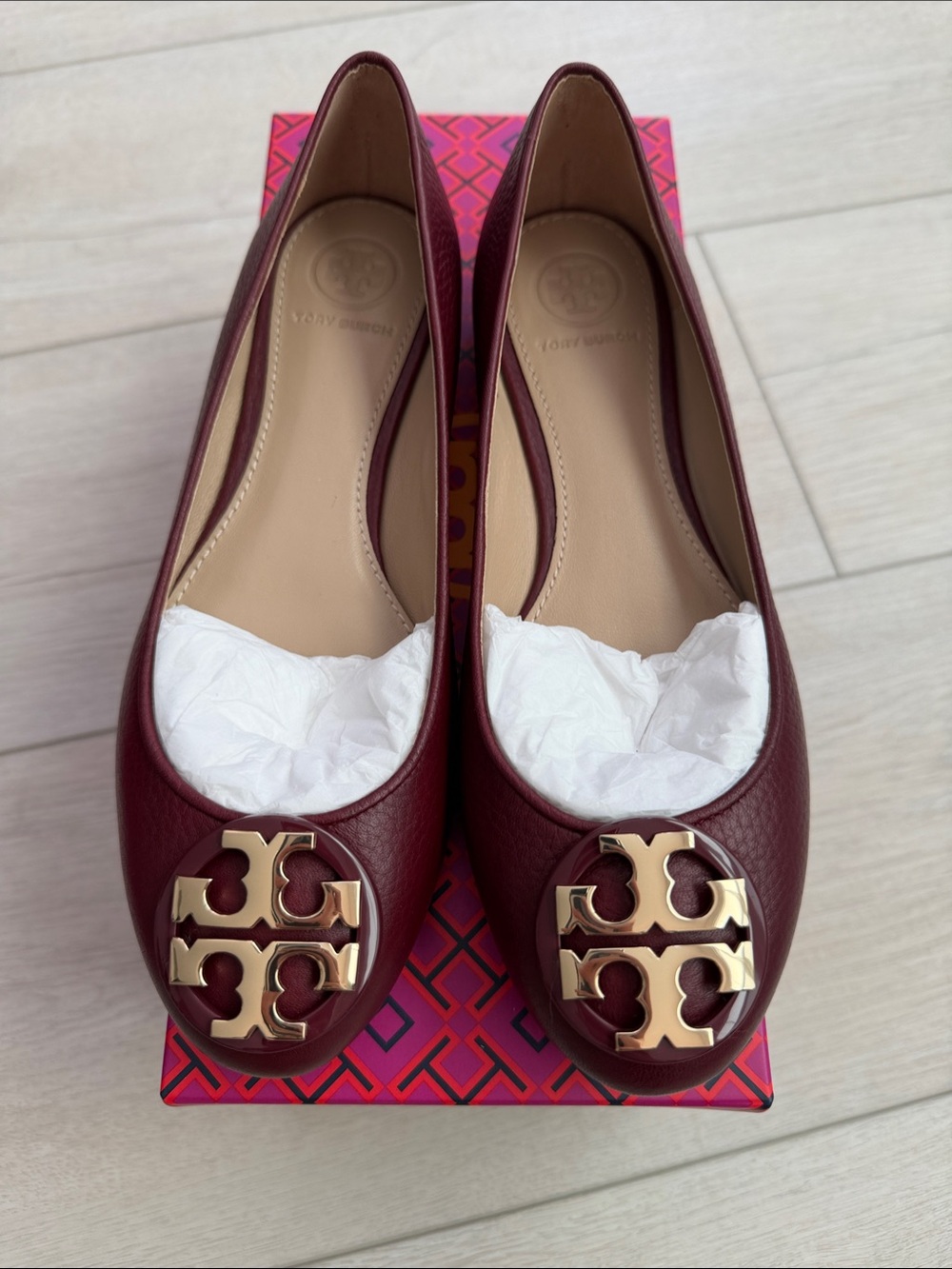 Tory Burch Wine Leather Logo Toe Ballet Flats